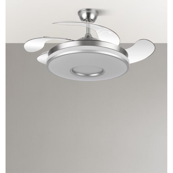 Ventilador Dani 59w 6980lm Niquel 4 Aspas Desplegables 6 Velocidades 106d 3000-4200-6500k Remoto, Reg.Int, Memori Y Tempor