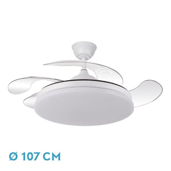 Ventilador Dc Tridente 59w Blanco 4aspas Desp.107d 6980lm Reg.intensidad Remoto+temporizador+memoria 3000-4000-6000k