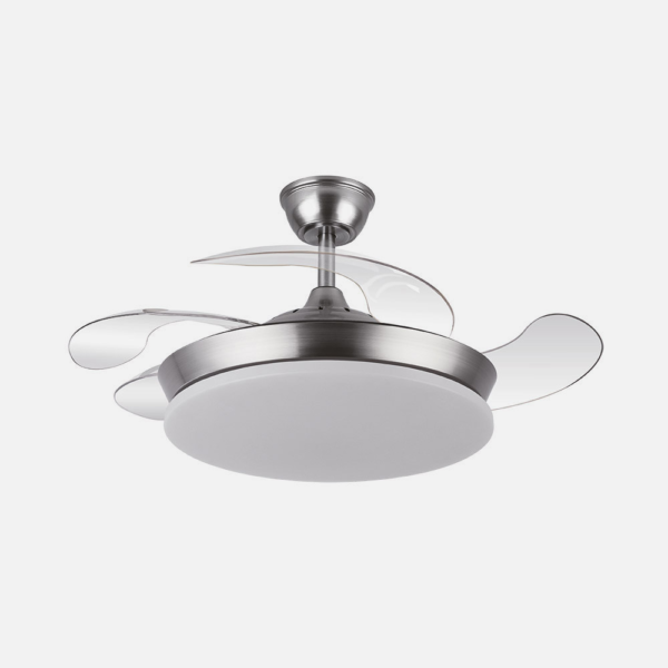 Ventilador Dc Tridente Mini 59w Niquel 4aspas Desp.91d 6980lm Reg.intensidad Remoto+temporizador+memoria 3000-4000-6000k