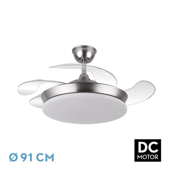 Ventilador Dc Tridente Mini 59w Niquel 4aspas Desp.91d 6980lm Reg.intensidad Remoto+temporizador+memoria 3000-4000-6000k